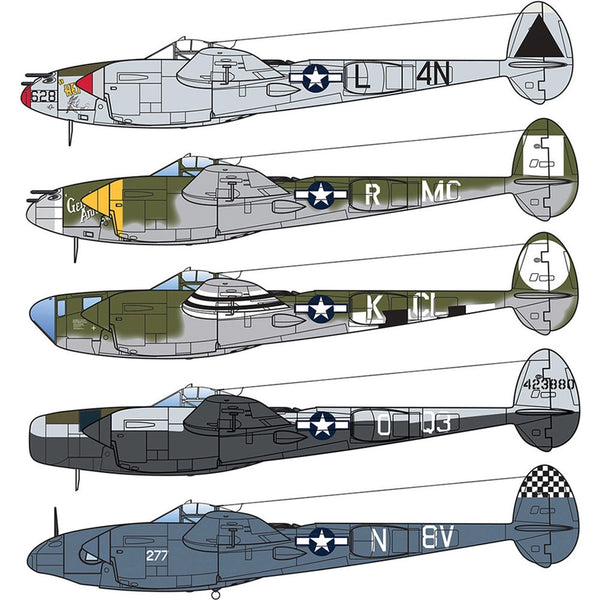 Illustration of five P-38 airplanes with different markings on a white background