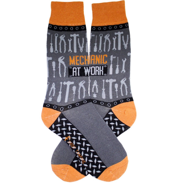 Socks with tool pattern and 'Mechanic at Work' text on a white background