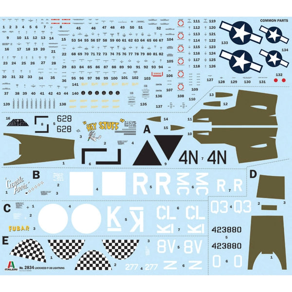 Model kit decal sheet with various parts and text on a blue background