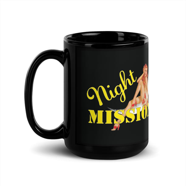 A black ceramic coffee mug with a split design featuring a pin-up style illustration 