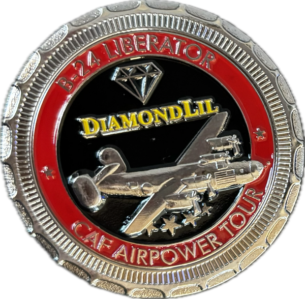 A challenge coin featuring an image of the B-24 Liberator 'Diamond Lil' with a red and black color scheme.