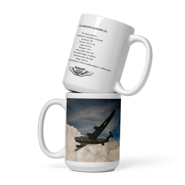 A white ceramic mug with an image of a vintage B-24 Liberator 'Diamond Lil' airplane in flight against a cloudy sky.