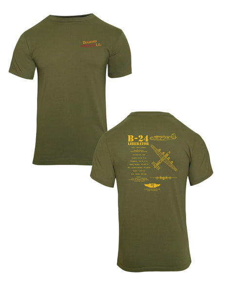 Green T-shirt featuring B-24 'Diamond Lil' nose art on the front and a detailed scheme of the B-24 bomber on the back.