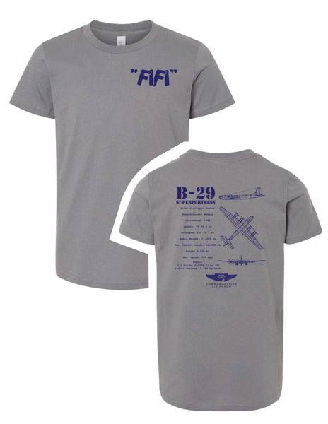 A gray t-shirt with the front left featuring text that reads 'FIFI' and the back showing detailed schematics of the B-29 Superfortress aircraft.