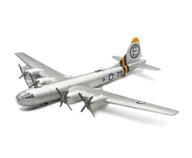 Model of a silver airplane with a yellow and black logo on a white background