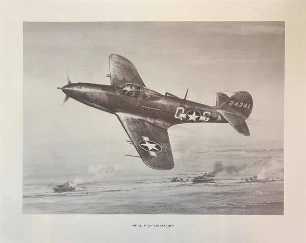 A pencil print of a WWII era Bell P-39 Airacobra airplane with detailed markings and a clear representation of its structure and motion.