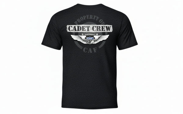 Black t-shirt with 'Property of Cadet Crew' text on a white background