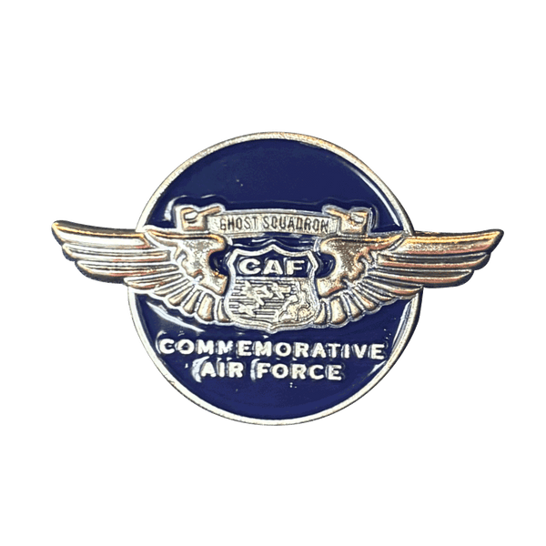 A round blue and gold lapel pin featuring the Commemorative Air Force logo with wingspan and text.