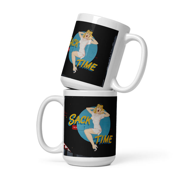 Two white ceramic mugs with a black print design featuring a woman and the text 'Sack Time'.