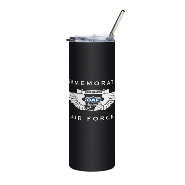A black stainless steel tumbler with a white and silver 'CAF Air Force' logo, including a metal straw and lid.