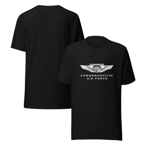 A black T-shirt with the Commemorative Air Force emblem printed on the front, with a plain back.