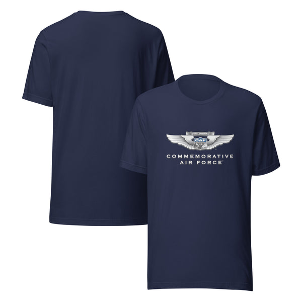 A navy blue T-shirt with the Commemorative Air Force emblem printed on the front, with a plain back.