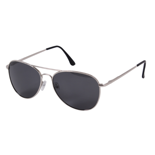 Aviator sunglasses with silver frame and dark lenses on a white background
