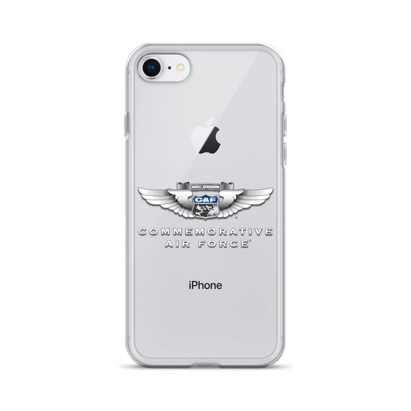 A clear iPhone case with a protective logo of the Commemorative Air Force on the back.