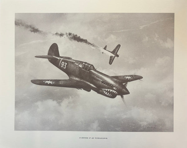 A pencil print of a WWII era Curtiss P-40 Tomahawk airplane with detailed markings and a clear representation of its structure and motion.