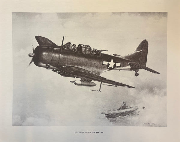 A pencil print of a WWII era Douglass SBD Dauntless airplane with detailed markings and a clear representation of its structure and motion.