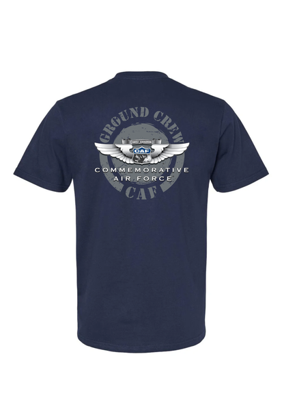 A navy blue t-shirt with a graphic print on the back featuring the Commemorative Air Force Ground Crew logo.