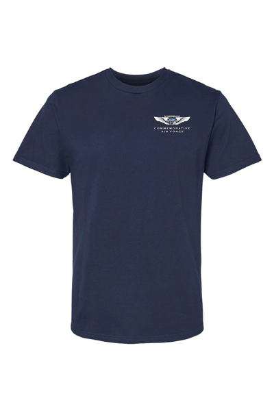 A navy blue t-shirt with a small graphic print on the front featuring the Commemorative Air Force Ground Crew logo.