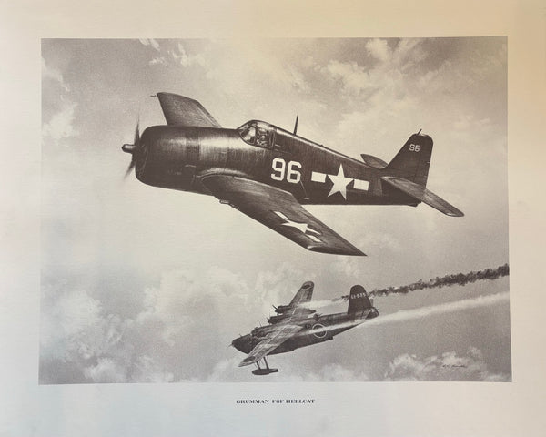 A pencil print of a WWII era Grumman F6 Hellcat airplane with detailed markings and a clear representation of its structure and motion.