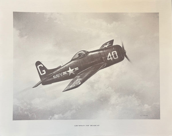 A pencil print of a WWII era Grumman F8F Bearcat airplane with detailed markings and a clear representation of its structure and motion.