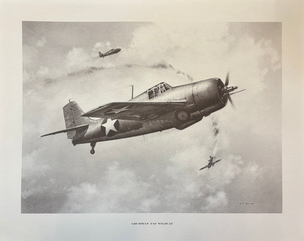 A pencil print of a WWII era Grumman F4F airplane with detailed markings and a clear representation of its structure and motion.