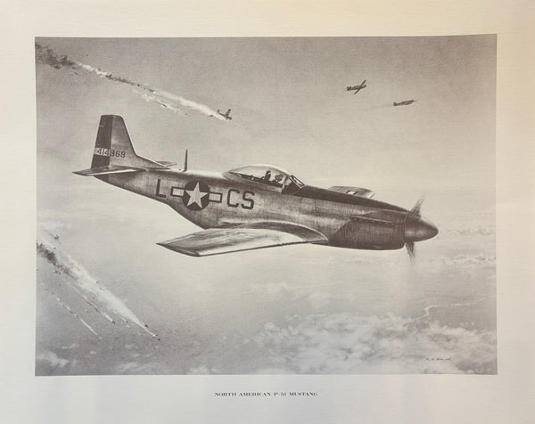 A pencil print of a WWII era North American P-51 Mustang airplane with detailed markings and a clear representation of its structure and motion.