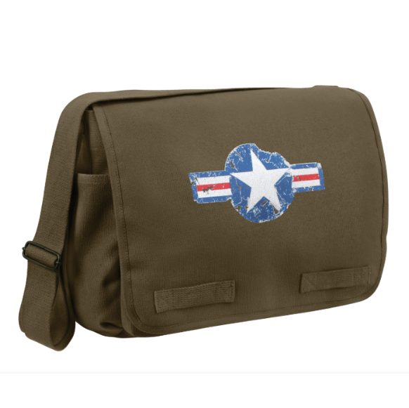 Olive green bag with a star emblem featuring red, white, and blue stripes on a white background