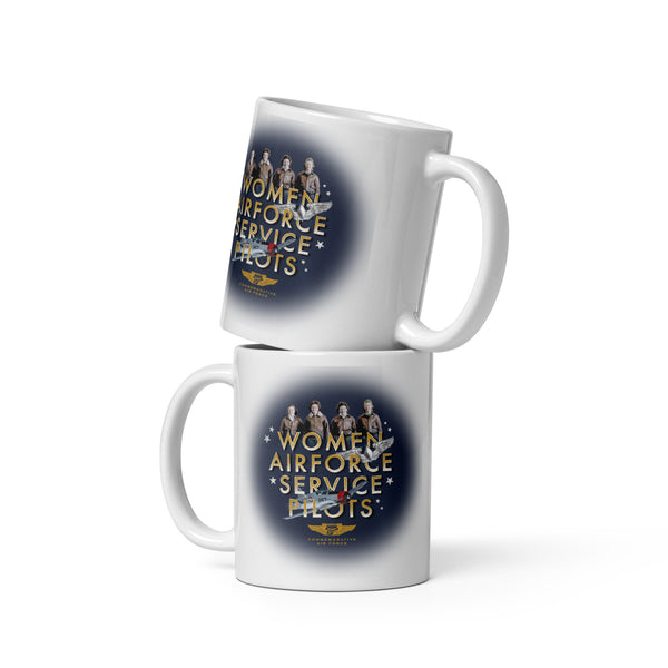 Two white ceramic mugs with round blue logos featuring text related to the Women Airforce Service Pilots (WASP).