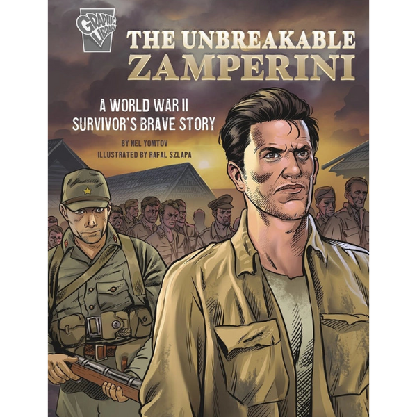 Book cover of 'The Unbreakable Zamperini' with a World War II theme and illustration of a soldier.