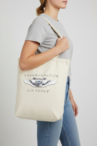 beige tote with Commemorative Air Force logo