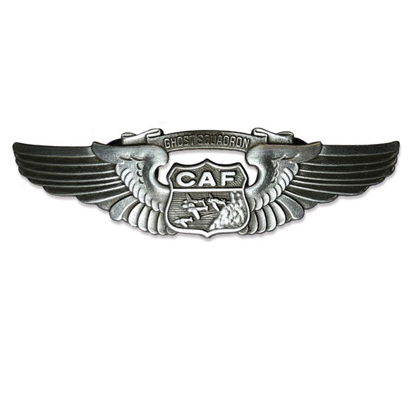 A silver-colored metal pin with wings and the inscription 'CAF' in the center, representing the CAF Colonel Wings pin.