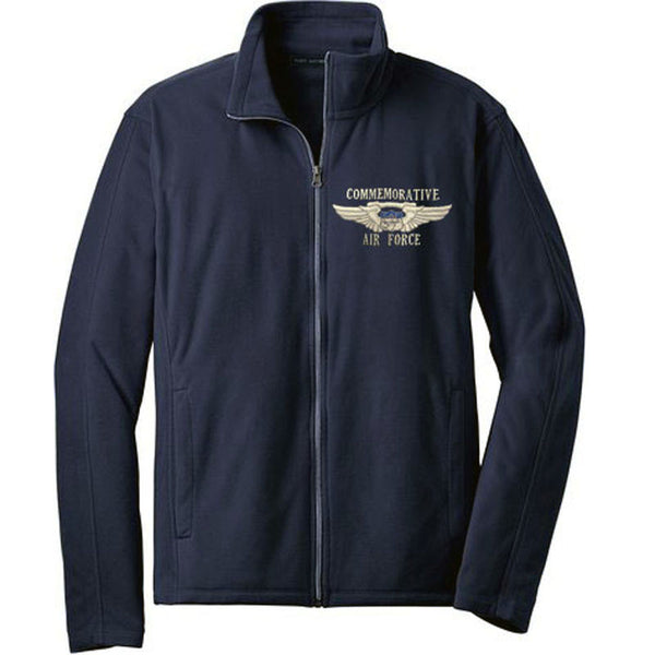 A navy blue fleece jacket with a full-length zipper and a CAF Wing logo on the left chest.