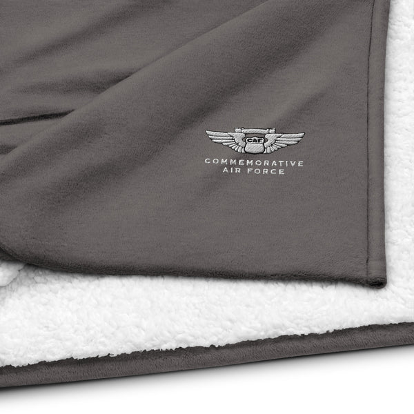 embroidered premium sherpa blanket heather grey emblem detail